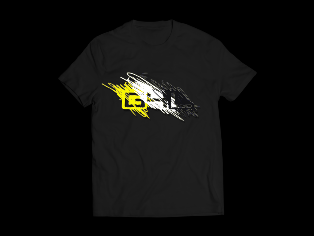 Black t-shirt with a yellow and white graphic design on a black background