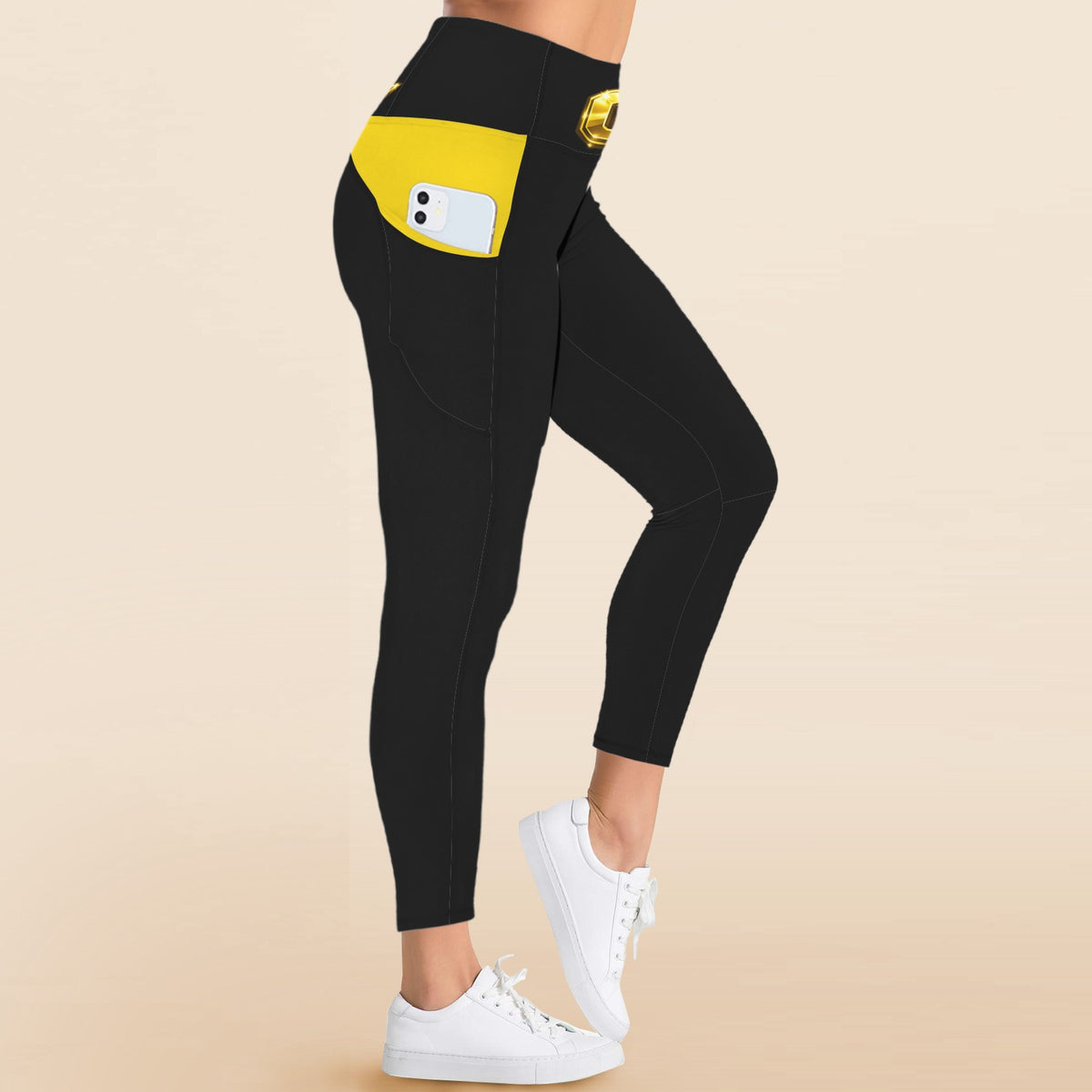 Black Yellow High Waist Pockets Leggings