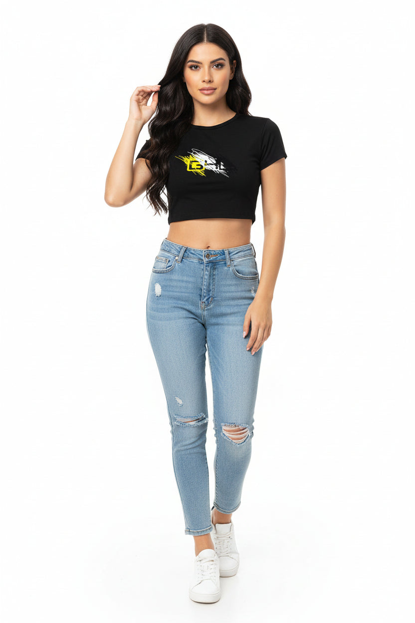 Black crop top with a graphic design on